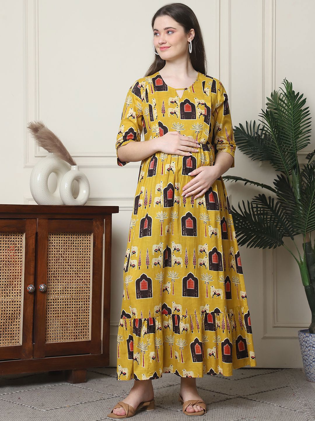 Frempy Floral Print Bell Sleeve Organic Cotton Maternity A-Line Maxi Dress
