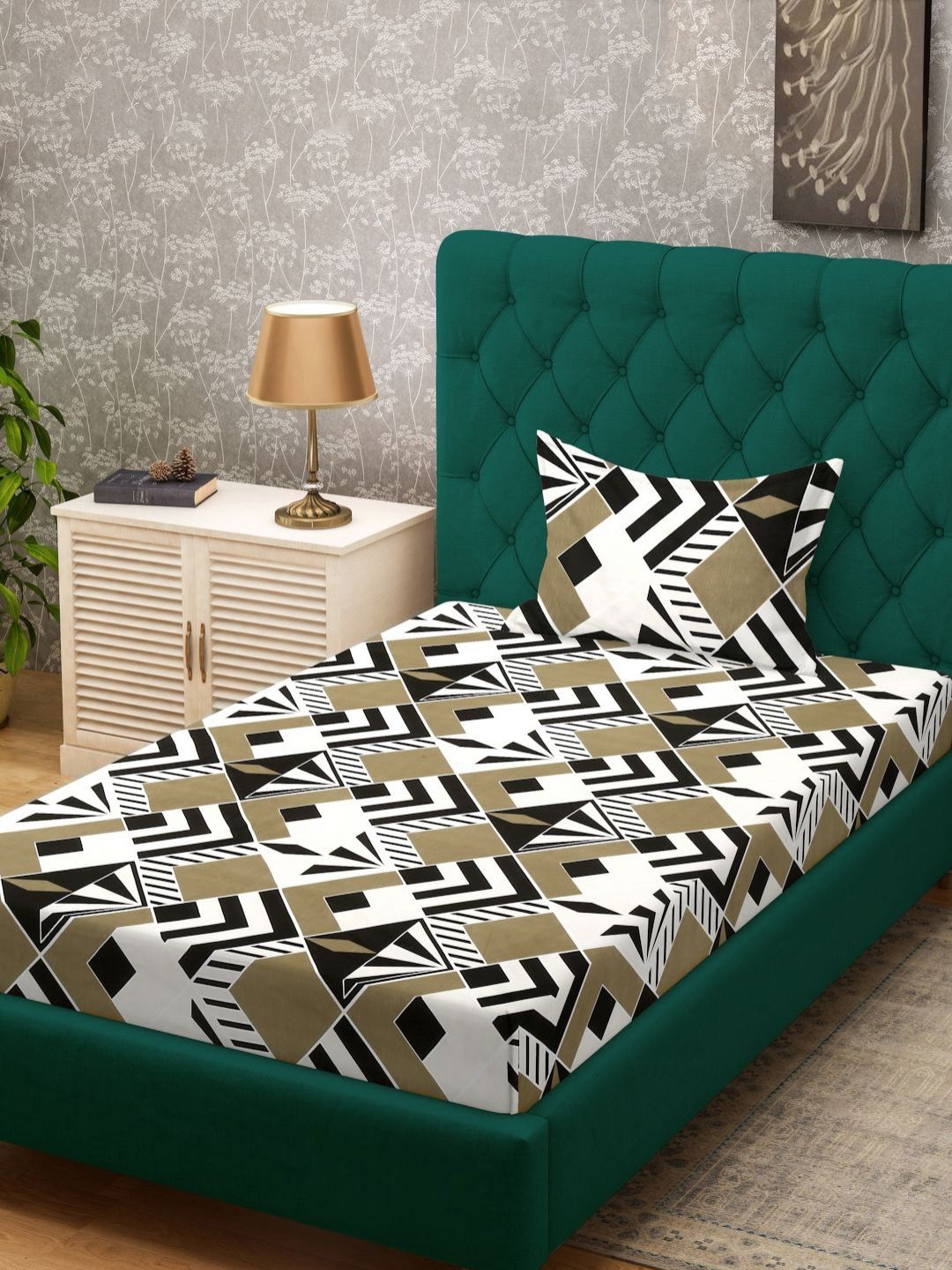 Aura Green & White Geometric 300 TC Single Bedsheet with 1 Pillow Cover-picture-10