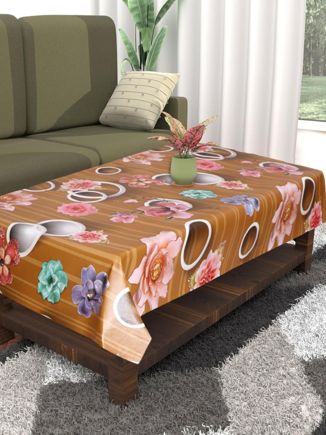 Dakshya Industries Brown Floral Waterproof Plastic 4-Seater Table Cover-picture-34