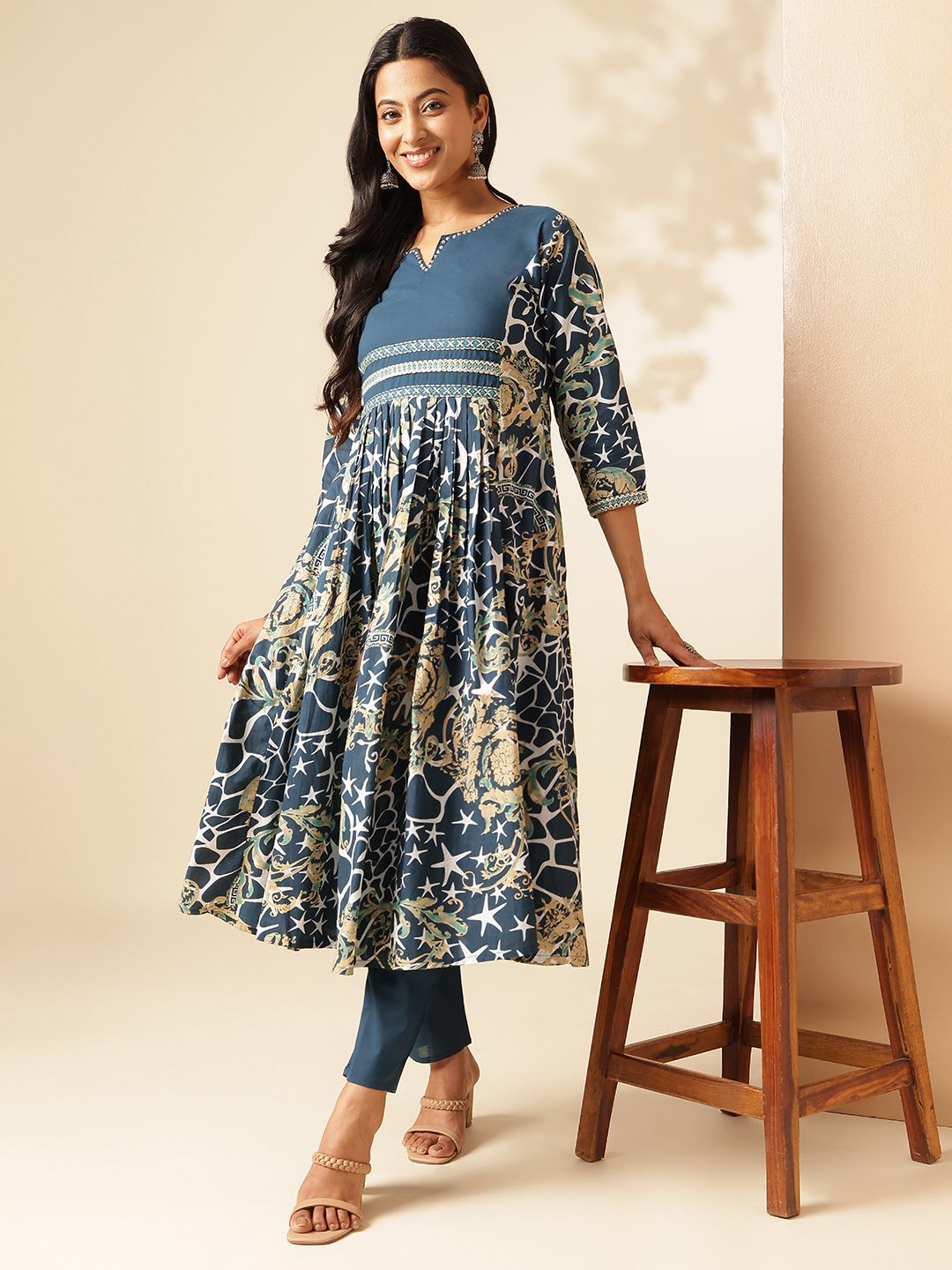 Vbuyz Women Geometric Printed Anarkali Cotton Stitched Kurta With Pant Sets