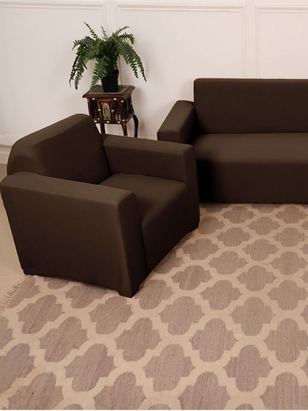 GIFTS ISLAND Brown Solid Polyester 3 Piece Sofa Cover With Arms-picture-43