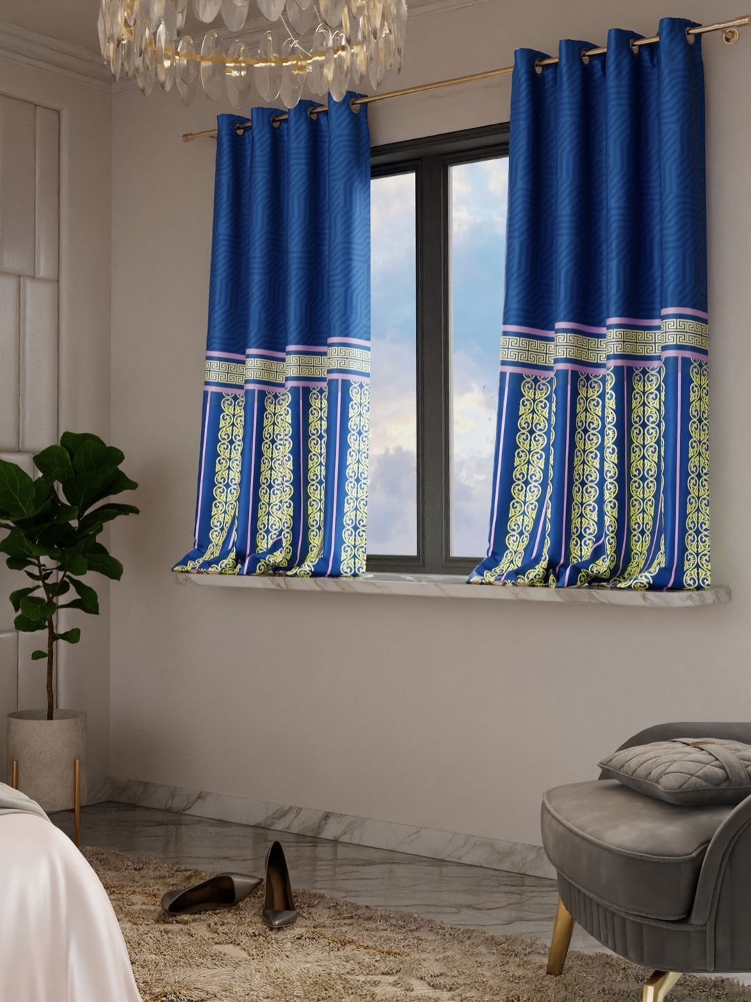 Stoa Paris Versailles Blue & White Set of 2 Ethnic Motifs Window Curtains-image-4