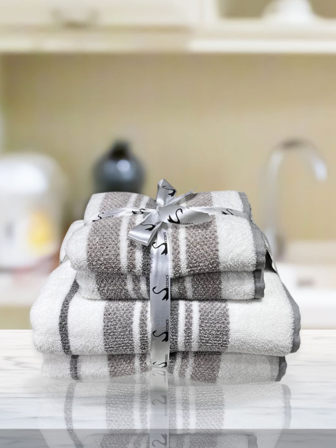 SENSES Grey & White 4 Piece Striped Cotton 500 GSM Towel Set-image-38