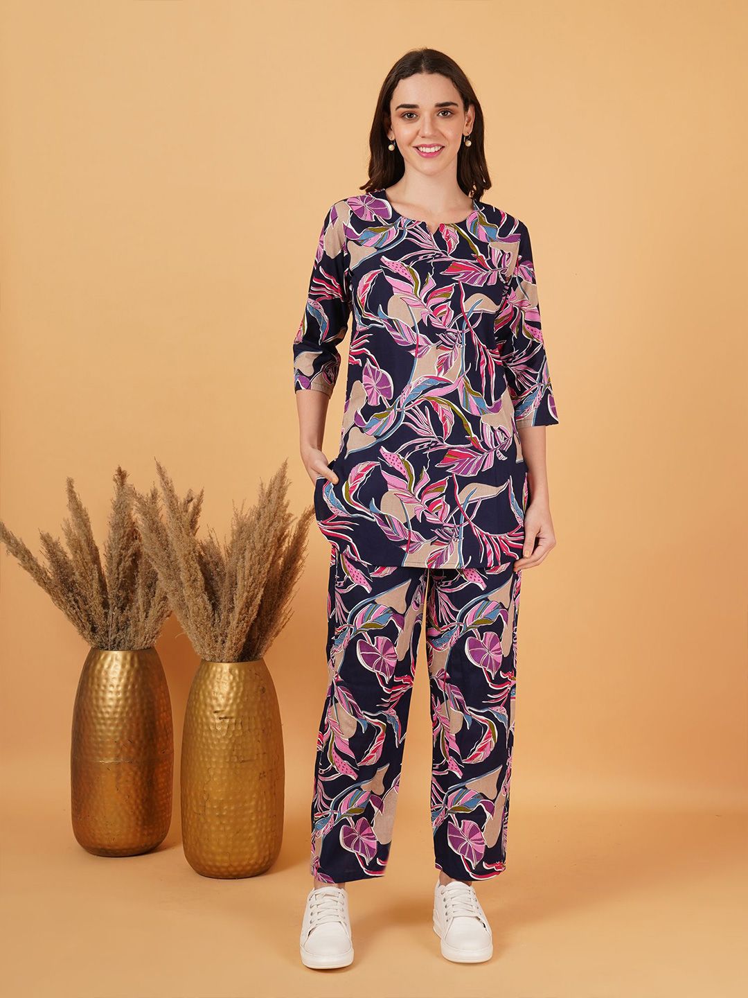 FebQ Printed Notch Neck Tunic With Trouser