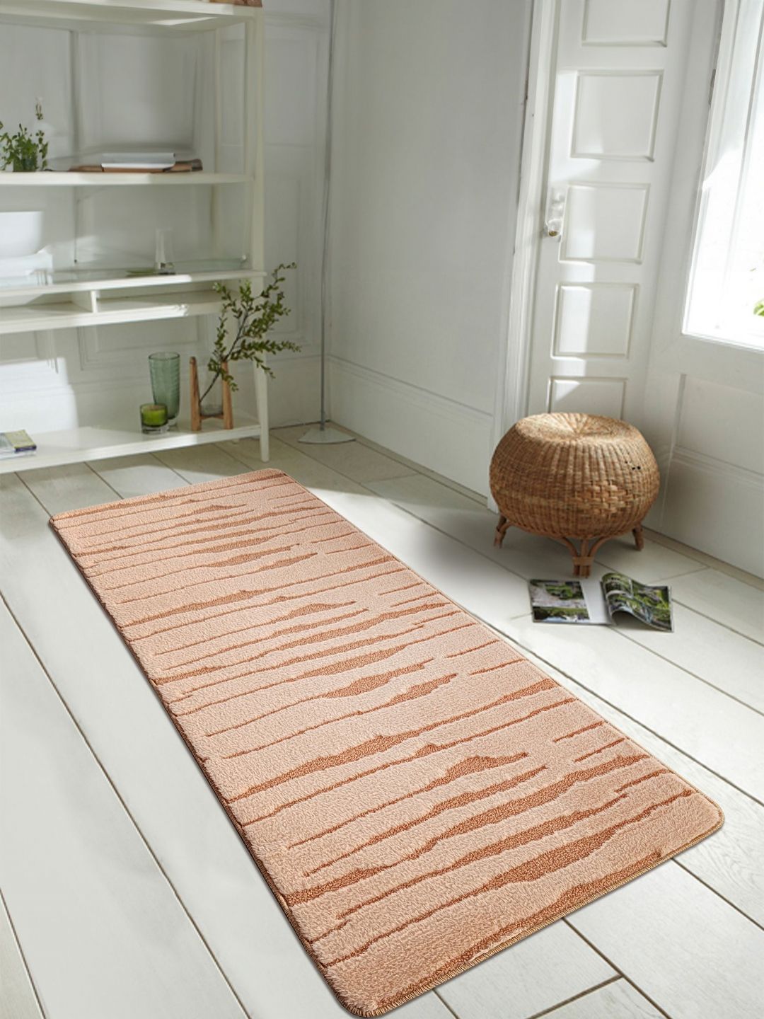 OBSESSIONS Peach-Color & Brown Rectangular Antistatic Non Slip Bedside Floor Runner-picture-12
