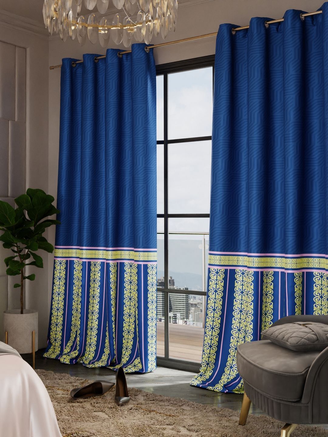 Stoa Paris Versailles Blue Set of 2 Geometric Long Door Curtains-image-1