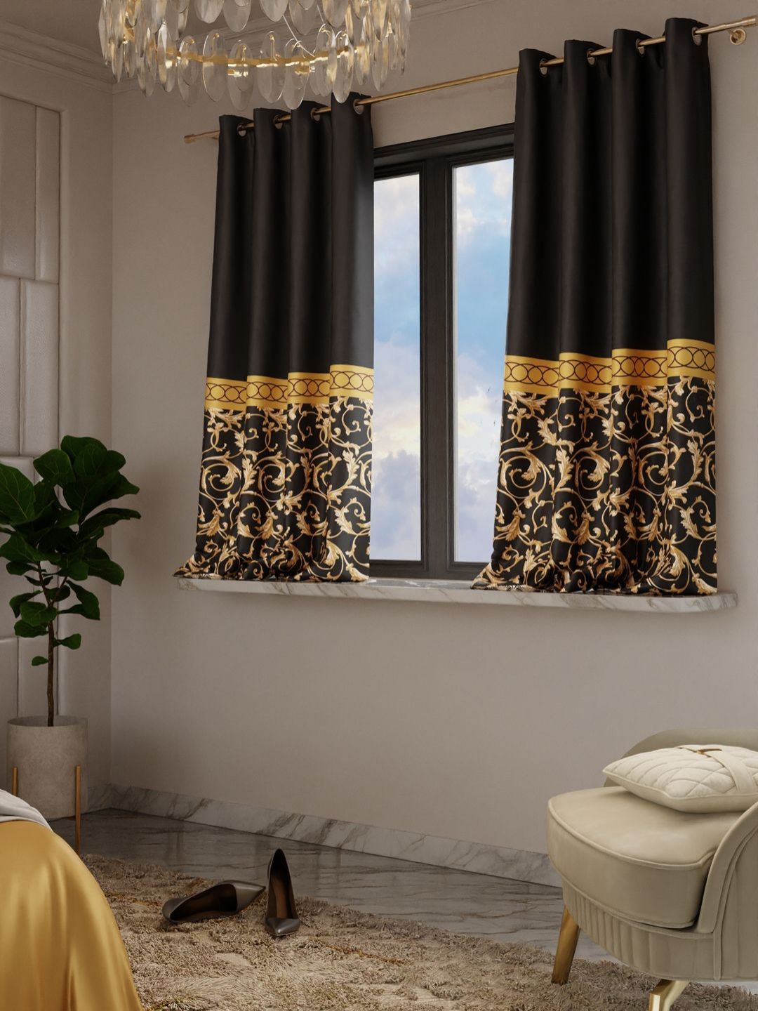 Stoa Paris Versailles Black & Gold-Toned Set of 2 Ethnic Motifs Window Curtains-picture-26