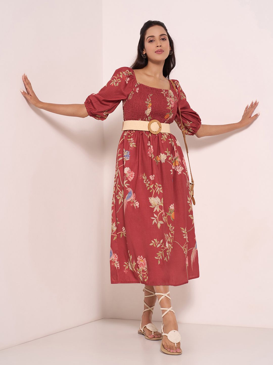 AKKRITI BY PANTALOONS Floral Print Puff Sleeve A-Line Midi Dress