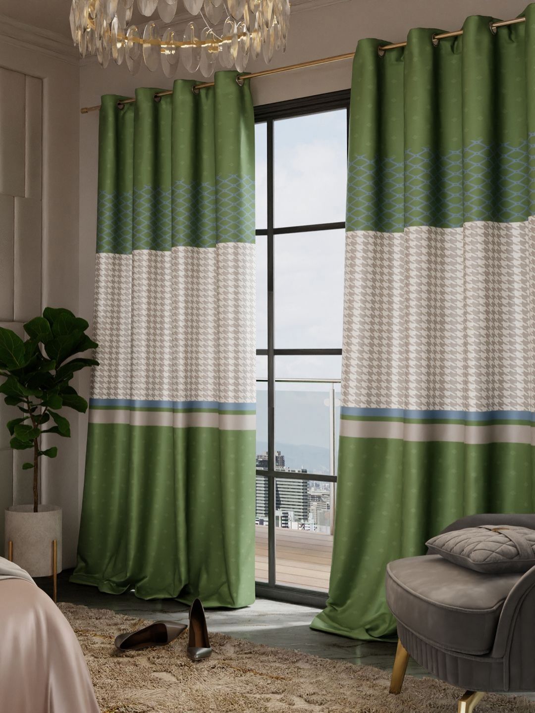 Stoa Paris Versailles Olive Green & White Set of 2 Geometric Long Door Curtains-image-48