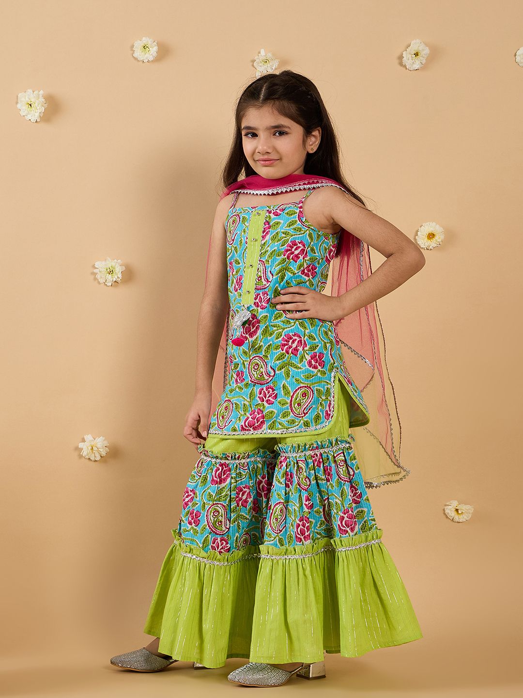 pspeaches Girls Floral Printed Regular Pure Cotton Kurta with Sharara & With Dupatta-picture-26