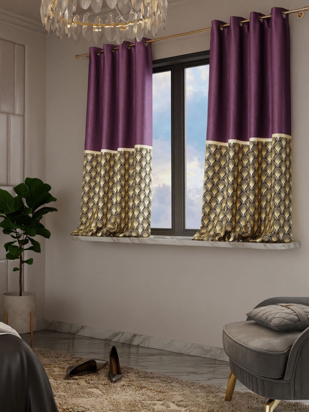 Stoa Paris Versailles Purple & Beige Set of 2 Geometric Window Curtains-image-37