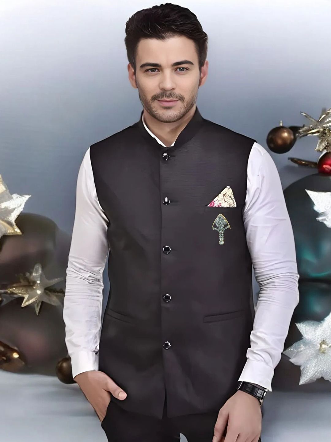 Seetoo Mandarin Collar Woven Nehru Jacket With Broch-picture-27