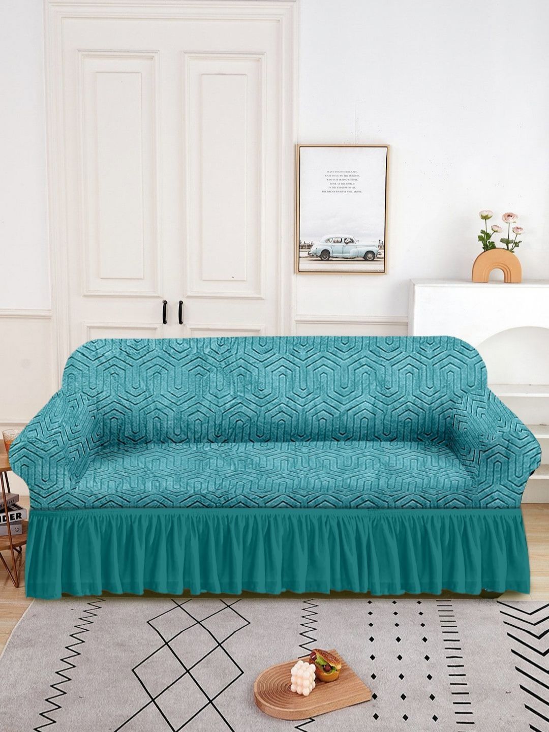 Myntra Elegant Homes Sea Green Solid Jacquard 1 Piece Sofa Cover With Arms