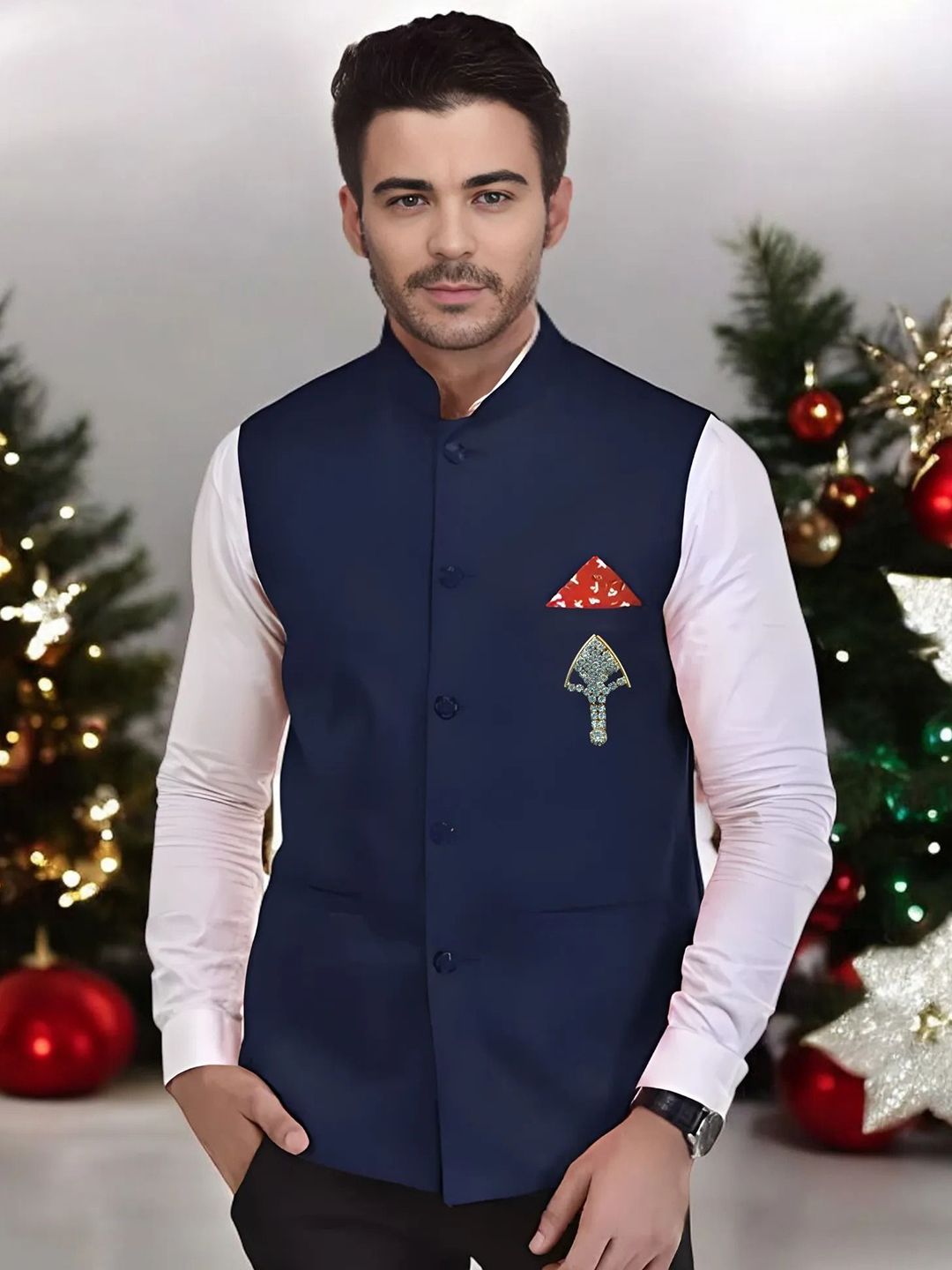 Seetoo Mandarin Collar Woven Design Nehru JacketWith Broch-picture-36