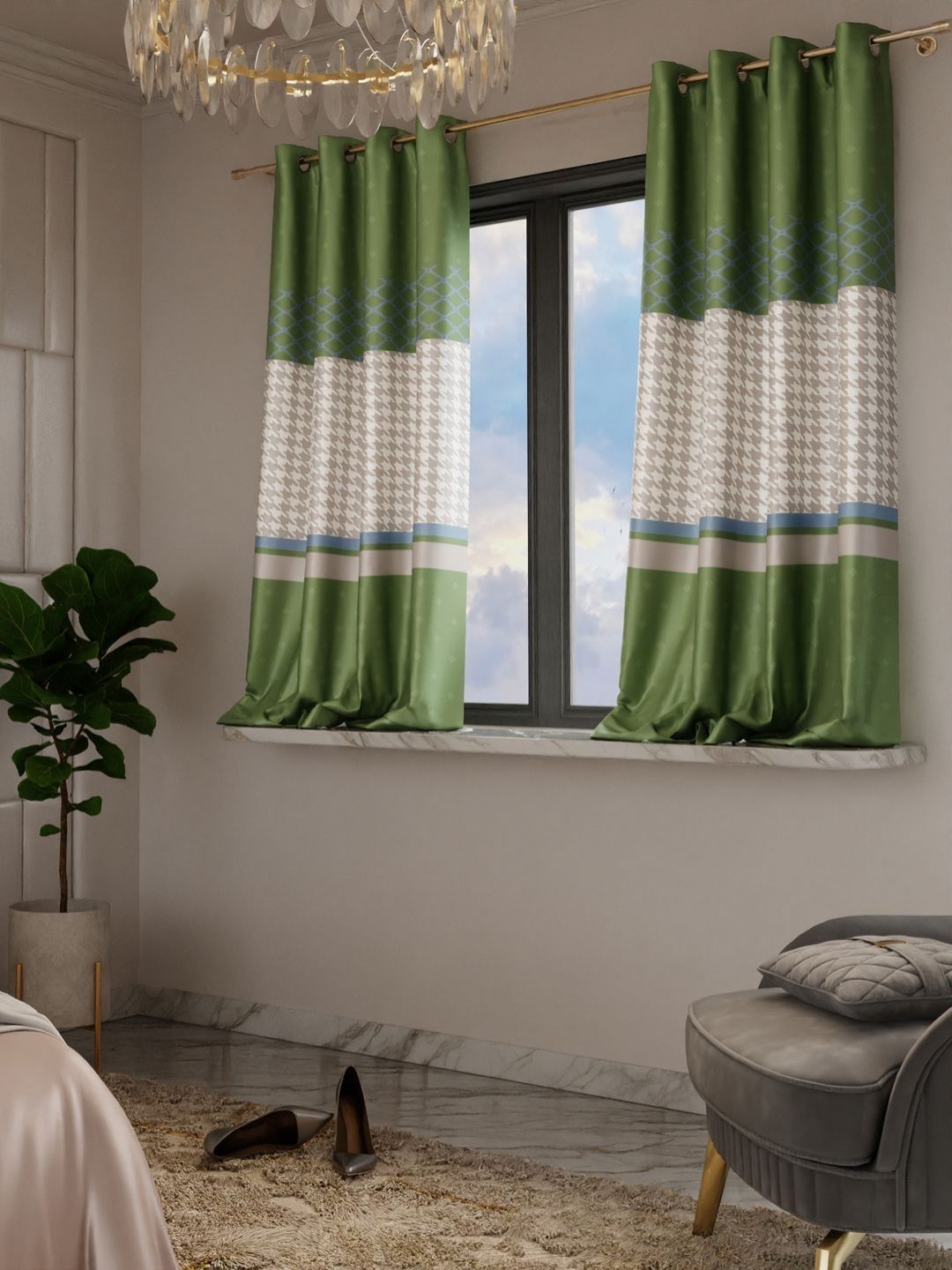 Stoa Paris Versailles Olive Green & White Set of 2 Geometric Window Curtains-image-39