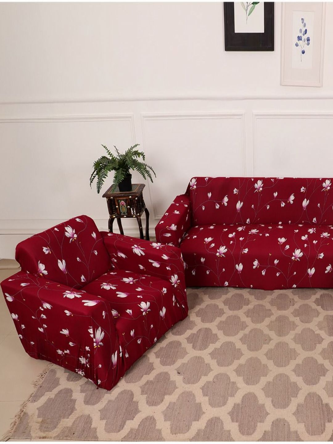 GIFTS ISLAND Maroon & Pink Printed Polyester 3 Piece Sofa Cover With Arms-image-41