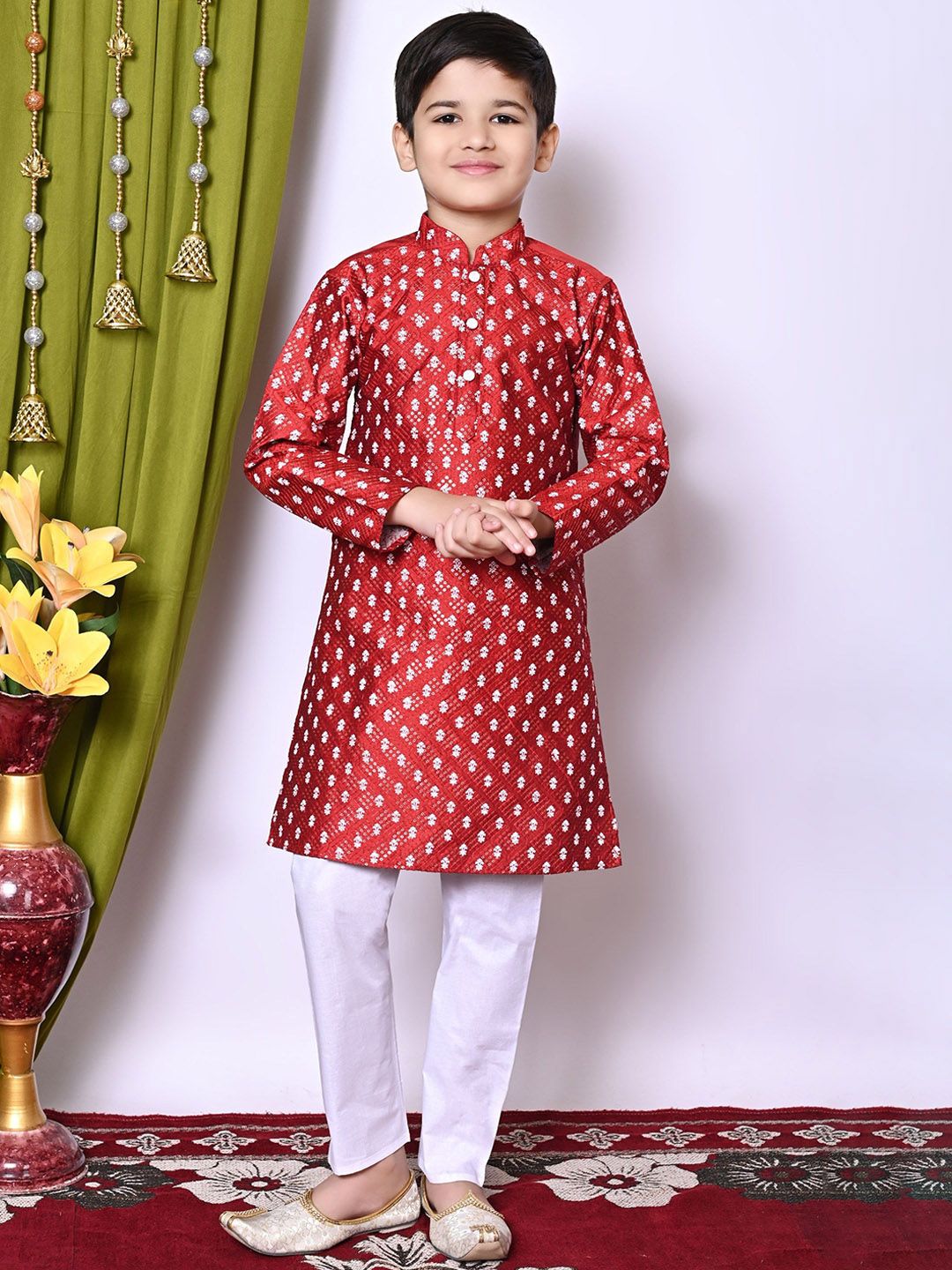NFC CREATION Boys Floral Embroidered Regular Sequinned Dupion Silk Kurta with Pyjamas-picture-25