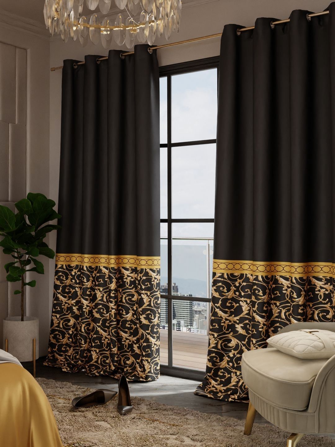 Stoa Paris Versailles Black & Gold-Toned Set of 2 Ethnic Motifs Long Door Curtains-image-15