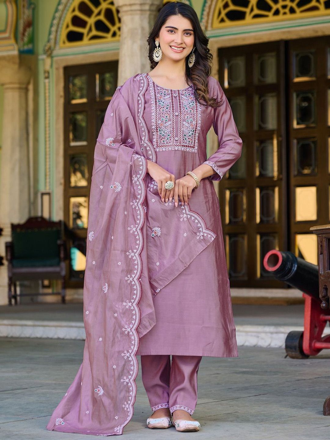 KALINI Women Floral Regular Chanderi Silk Kurta with Trousers & With Dupatta-picture-15