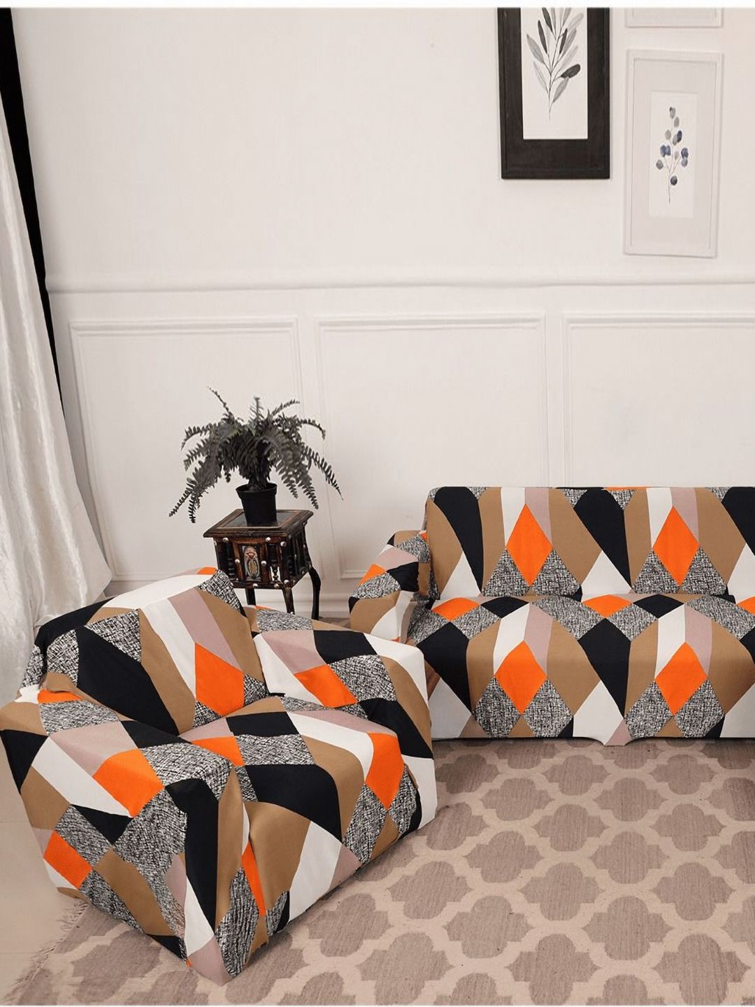 GIFTS ISLAND Orange & Brown Printed Polyester 3 Piece Sofa Cover With Arms-image-42