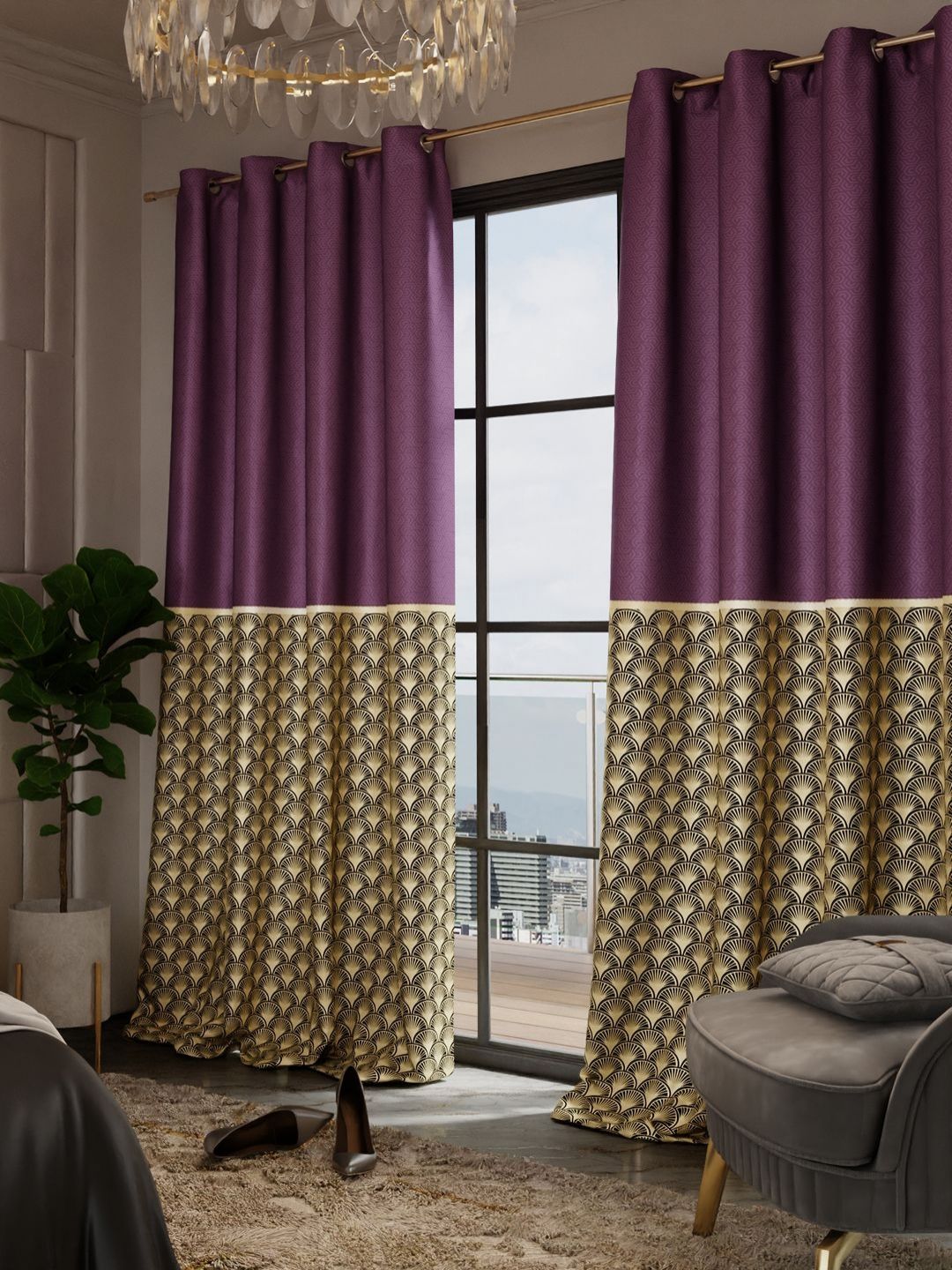 Stoa Paris Versailles Purple & Beige Set of 2 Geometric Long Door Curtains-image-49