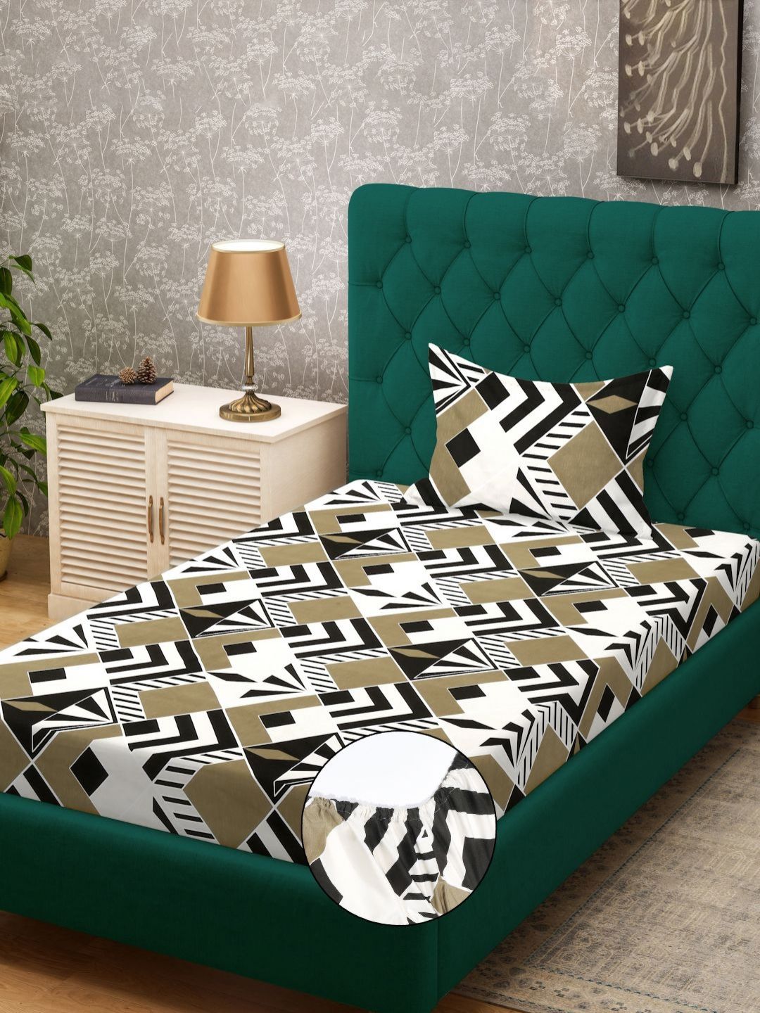 Aura Olive Green & White Geometric 300 TC Single Bedsheet with 1 Pillow Cover-picture-13