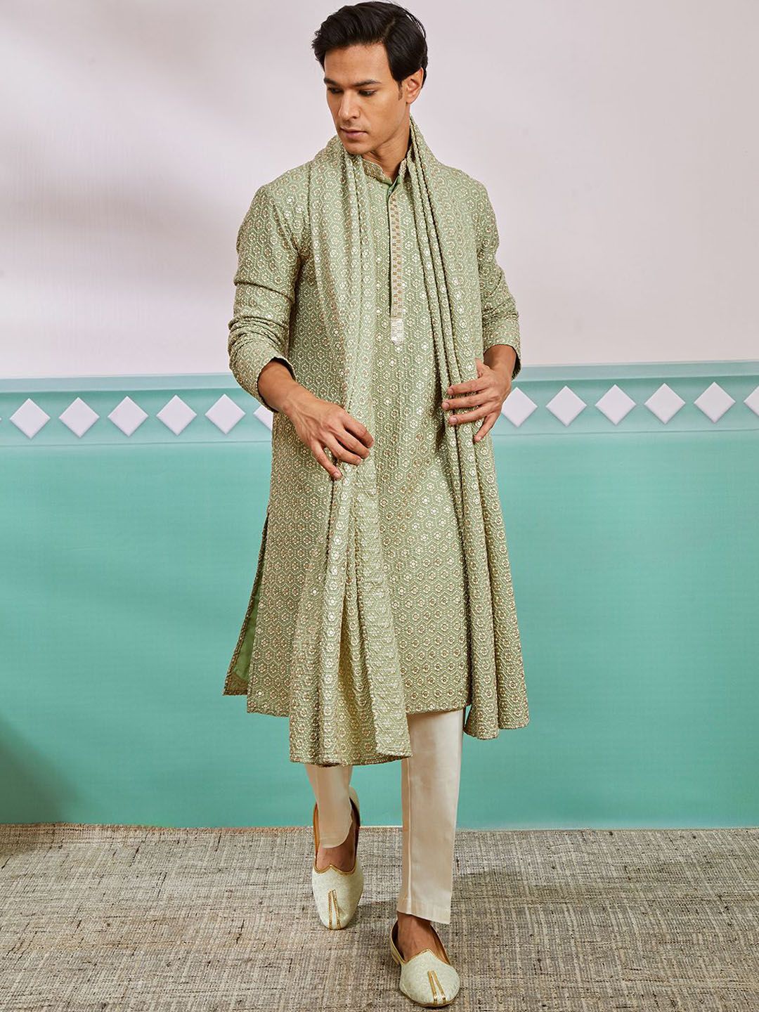 VASTRAMAY Men Ethnic Motifs Embroidered Regular Sequinned Kurta with Trousers & With Dupatta-picture-11
