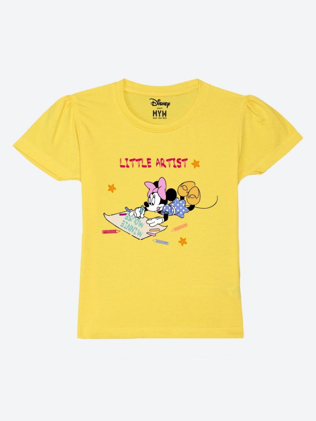 Wear Your Mind Girls Minnie Mouse Printed Puff Sleeves Pure Cotton Applique T-shirt-picture-24