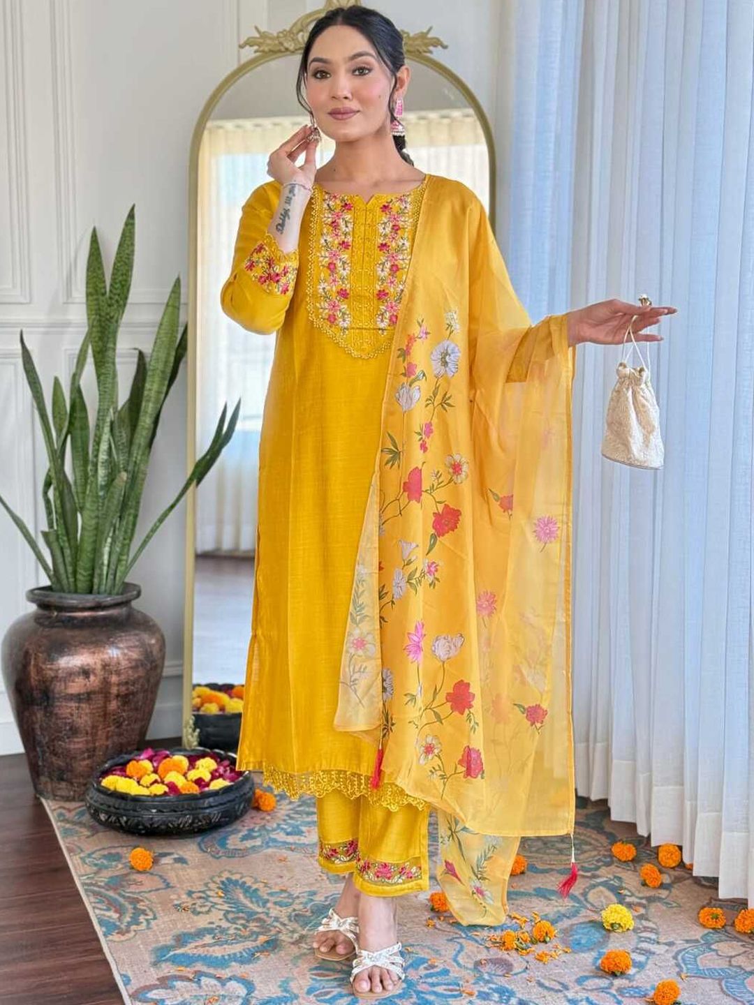 Women Multicolor Rayon Thread embroidered kurta with pant and dupatta set