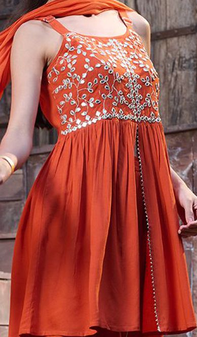 Mirror Embellished Sleeveless Empire Kurta Sharara Set with Dupatta