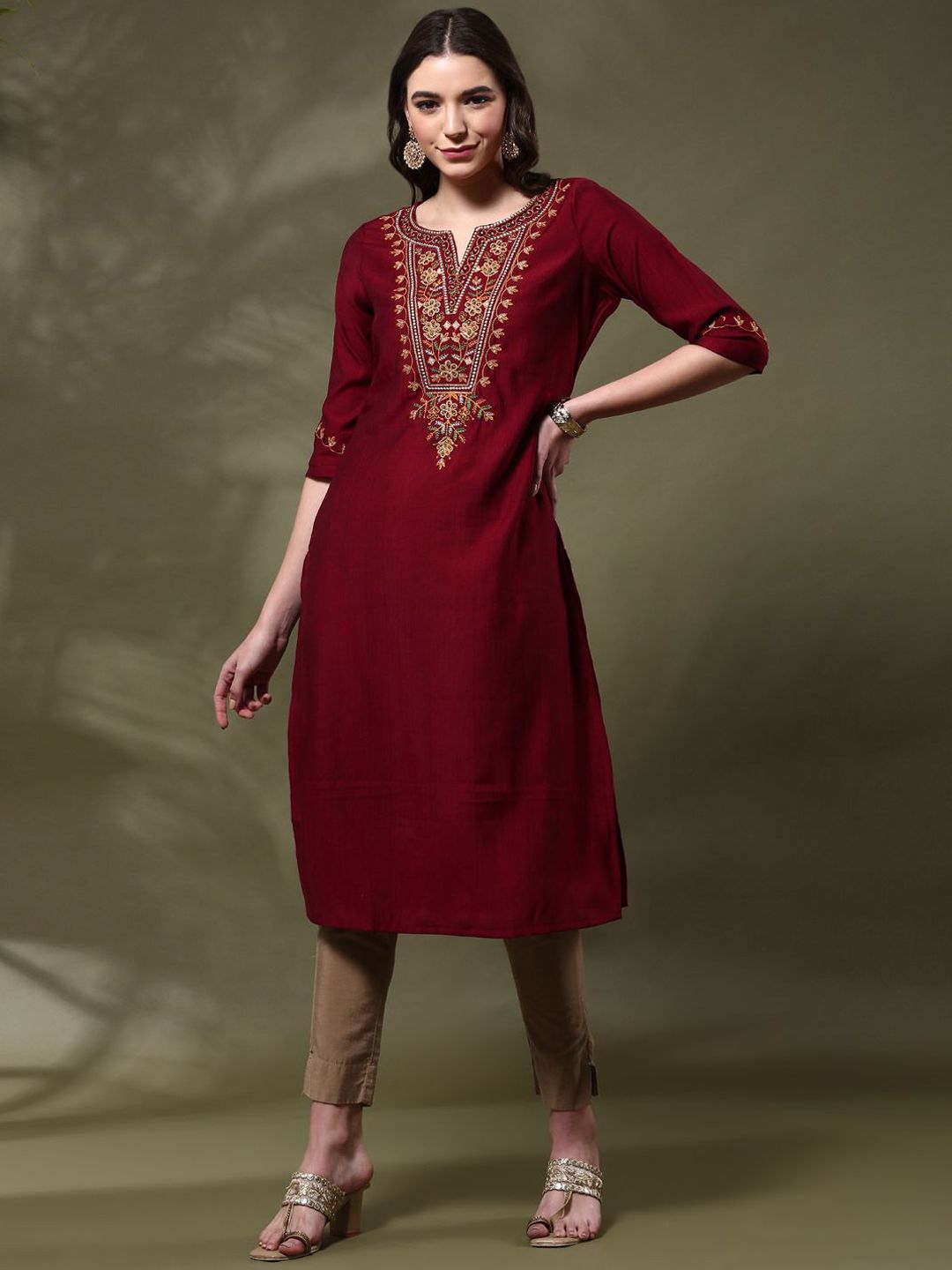 Buy Alena Women Floral Embroidered Flared Sleeves Thread Work Kurta ...