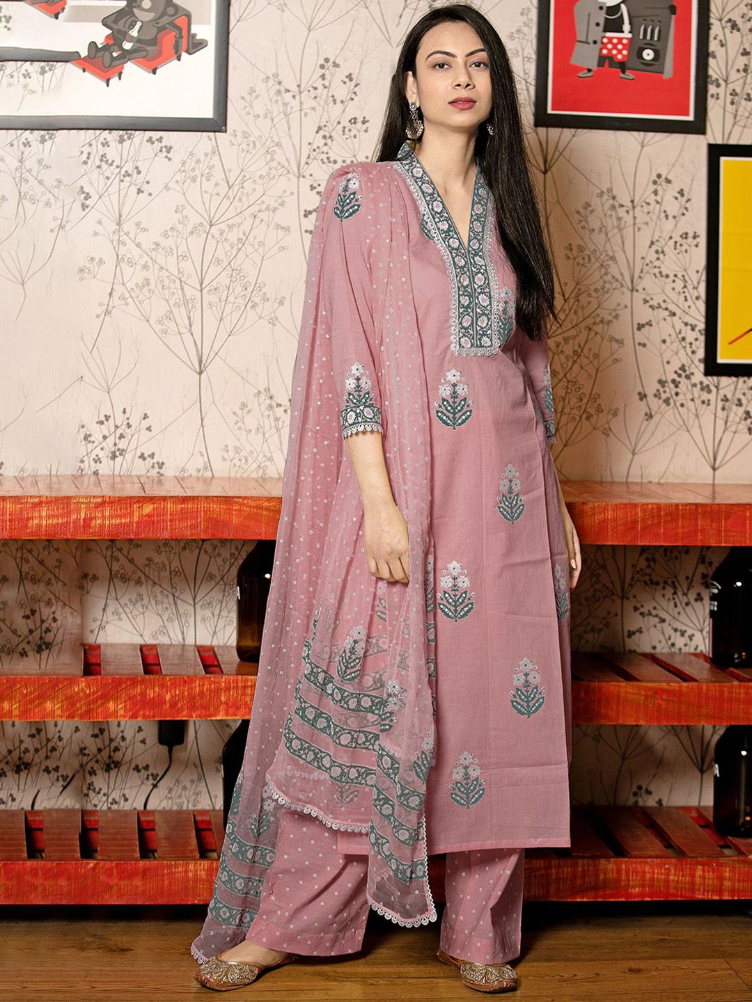 KALINI Women Floral Printed Regular Thread Work Kurta with Palazzos & With Dupatta-picture-32