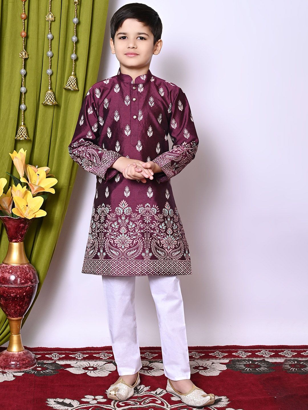 BAESD Boys Floral Printed Regular Dupion Silk Kurta with Pyjamas-image-15