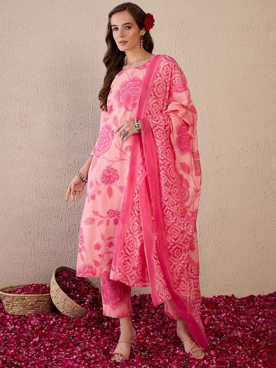 Indo Era Women Floral Printed Regular Pure Cotton Kurta with Trousers & With Dupatta-picture-48