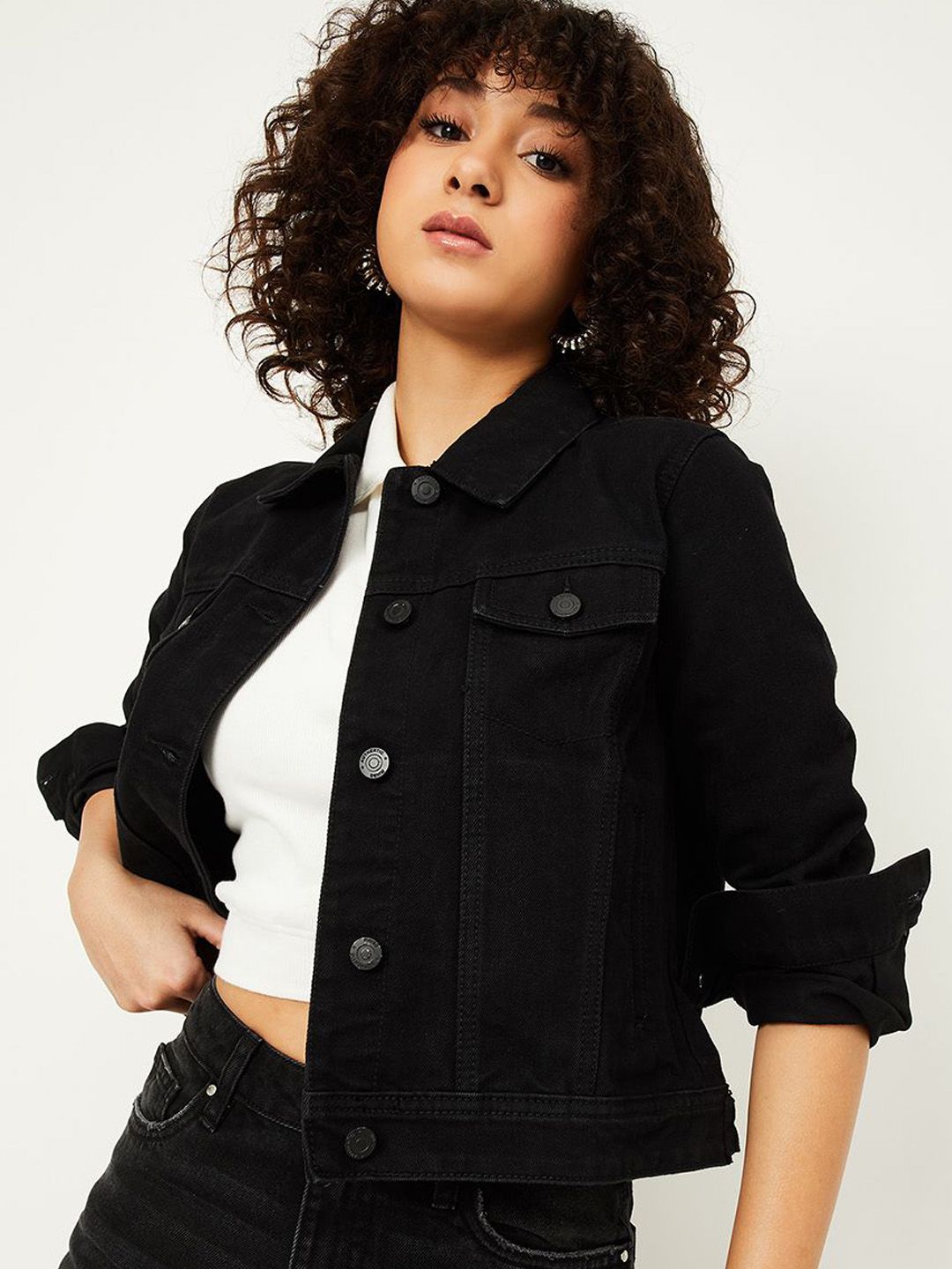 max Women Checked Polyester Longline Denim Jacket