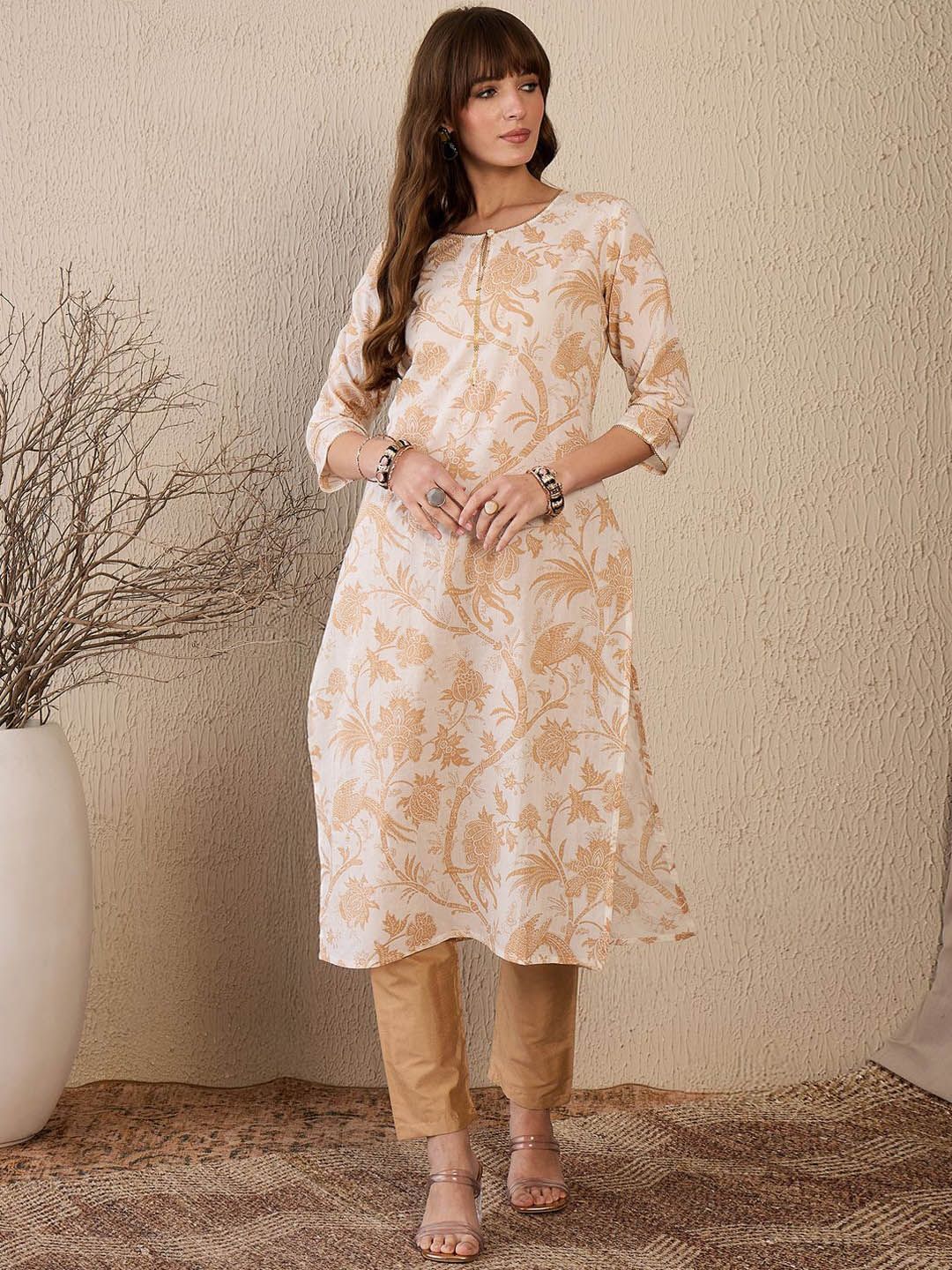 Indo Era Women Floral Printed Keyhole Neck Sequinned Floral Kurta-picture-21