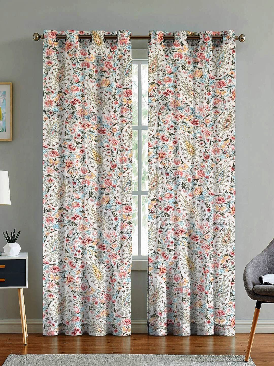 ANA White & Blue Set of 2 Floral Long Door Curtain-image-3