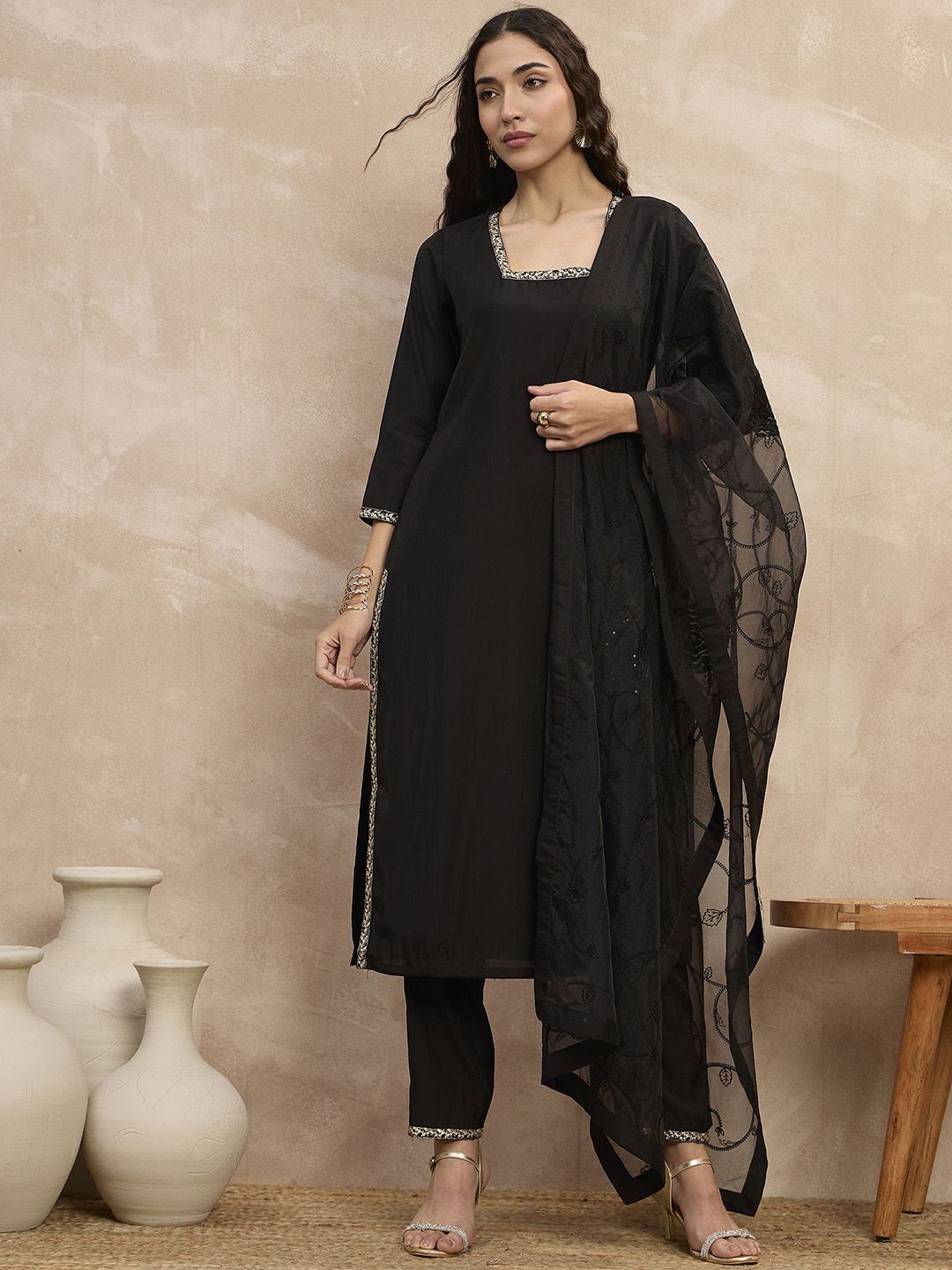 all about you Women Embroidered Regular Chanderi Silk Kurta with Trousers & With Dupatta