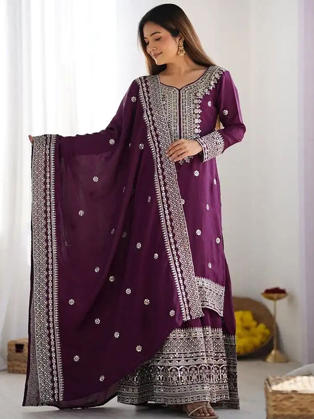 Moda Rapido Women Ethnic Motifs Embroidered Regular Thread Work Kurta with Sharara & With Dupatta