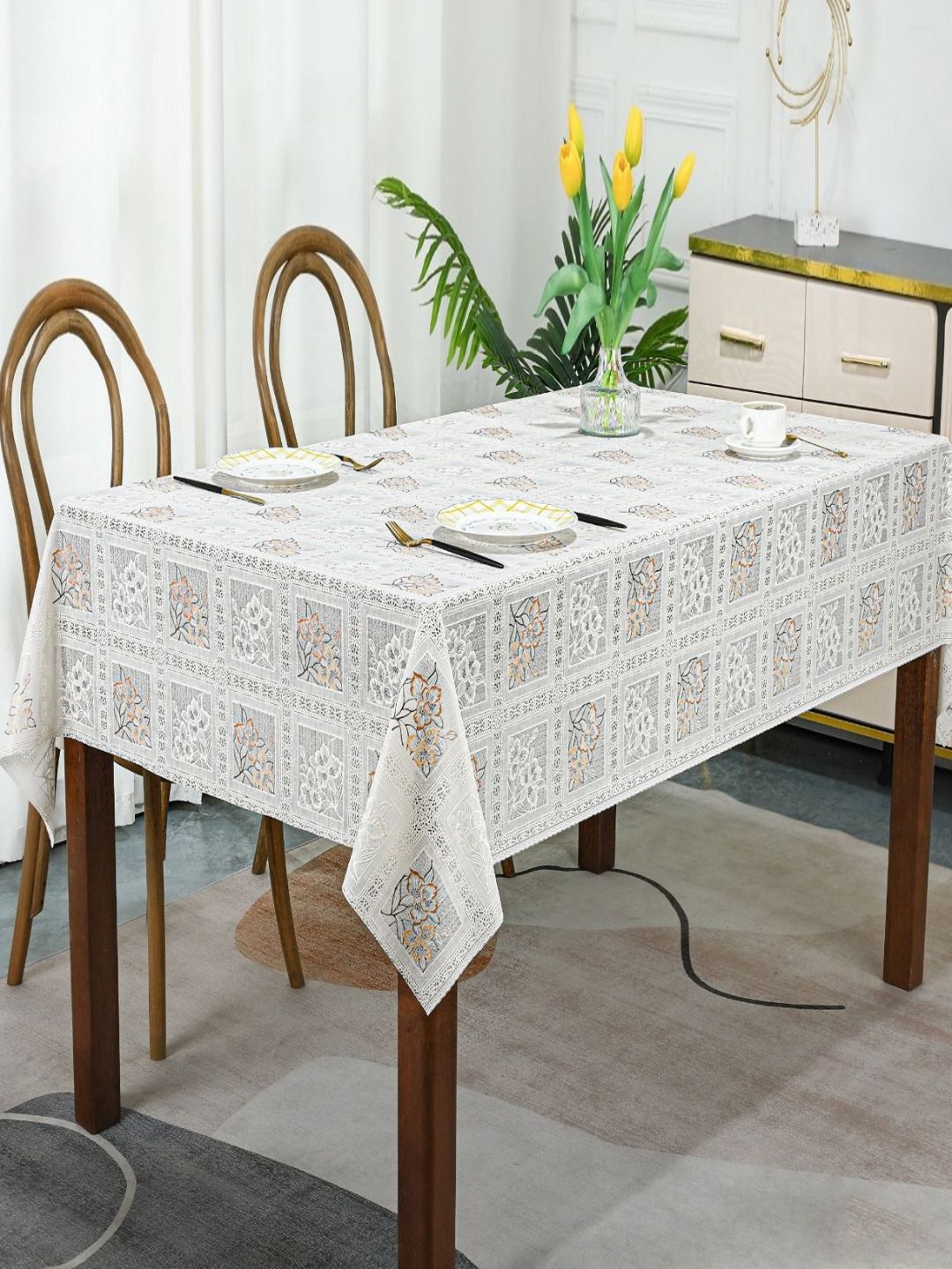 Dakshya Industries White Floral Waterproof Plastic 6-Seater Table Cover-picture-40