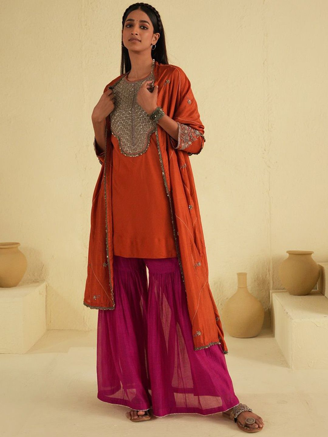 Women Floral Embroidered Pleated Thread Work Kurta with Sharara