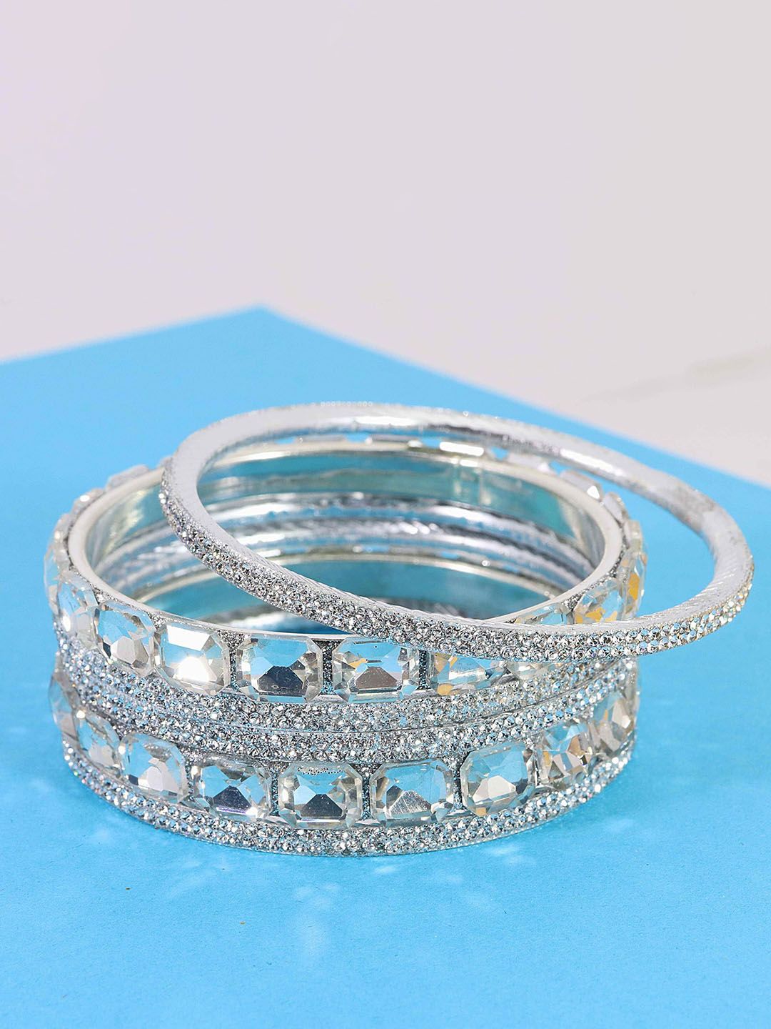 ZULKA Set Of 12 Silver-Plated American Diamond-Studded Kada Bangles-picture-40
