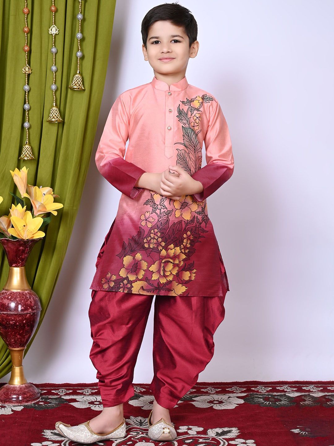Cae Boys Printed Regular Dupion Silk Kurta with Patiala-image-4