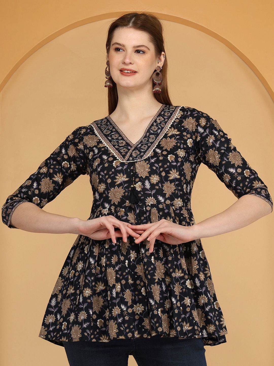 AJ ART Floral Embroidered V-Neck Mirror Work Pure Cotton Mirror Work Anarkali Kurti-picture-1