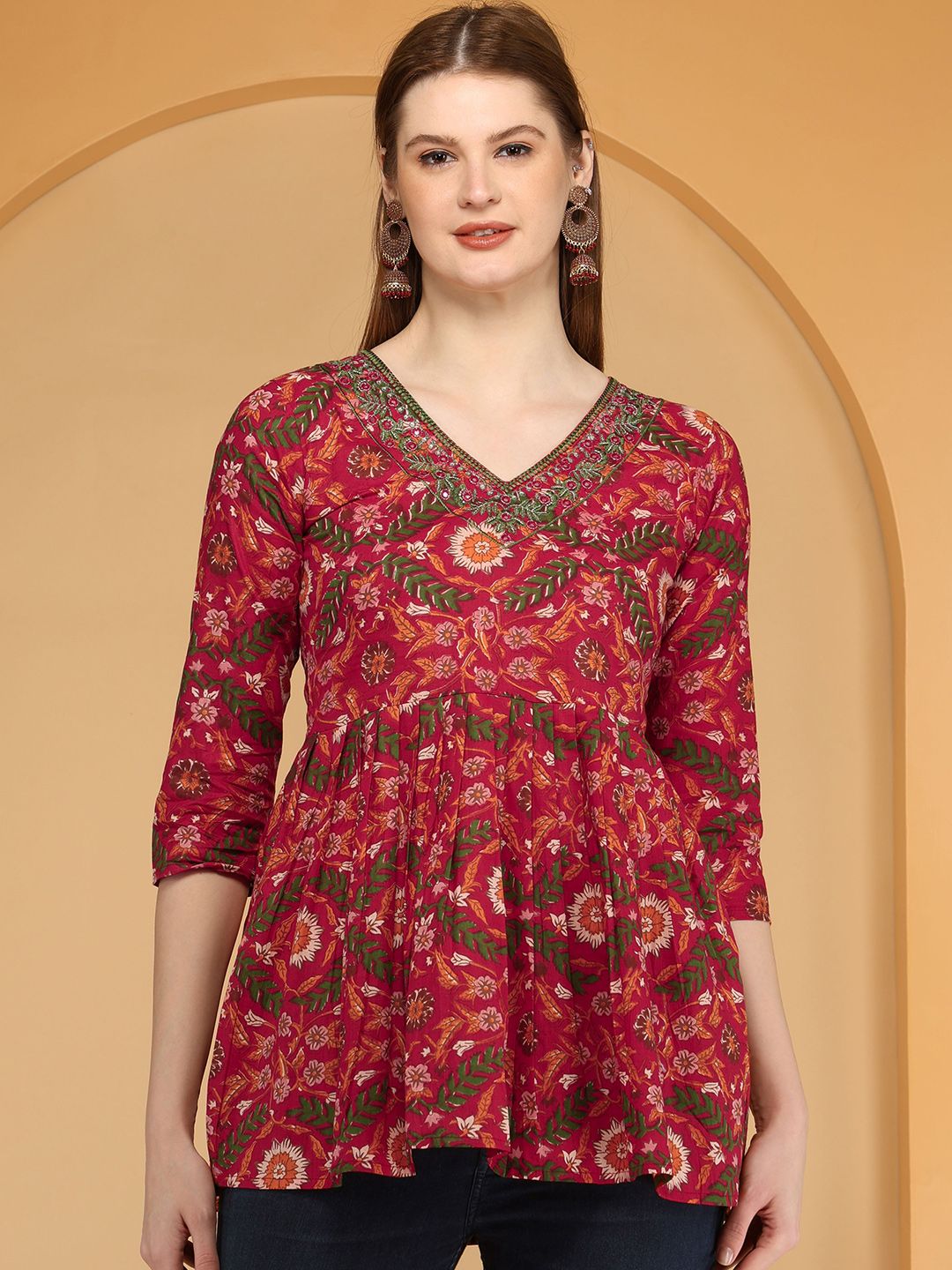 AJ ART Floral Embroidered V-Neck Mirror Work Pure Cotton Mirror Work Anarkali Kurti-image-14