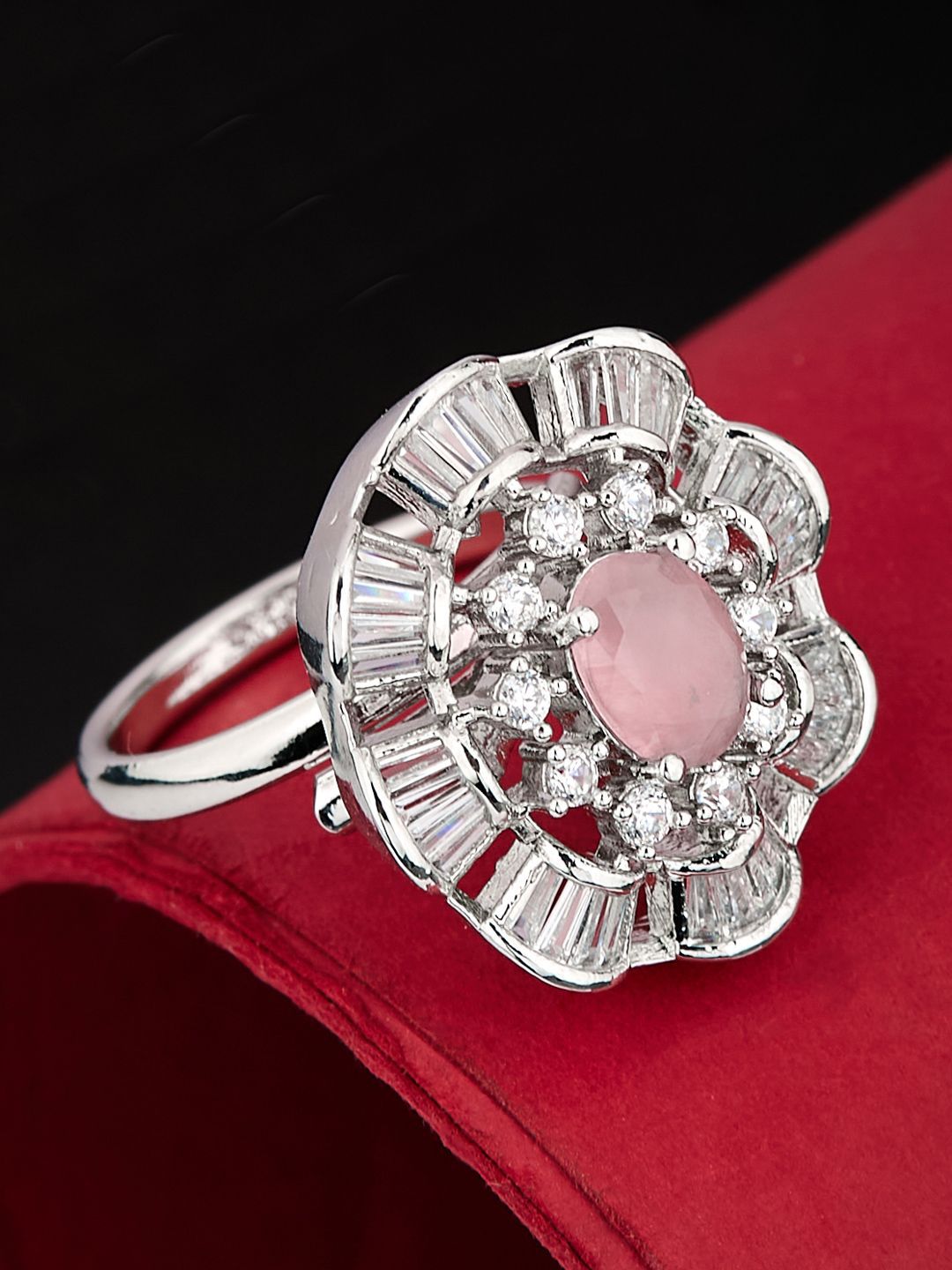 ATIBELLE Silver Plated CZ Stone Studded Finger Ring