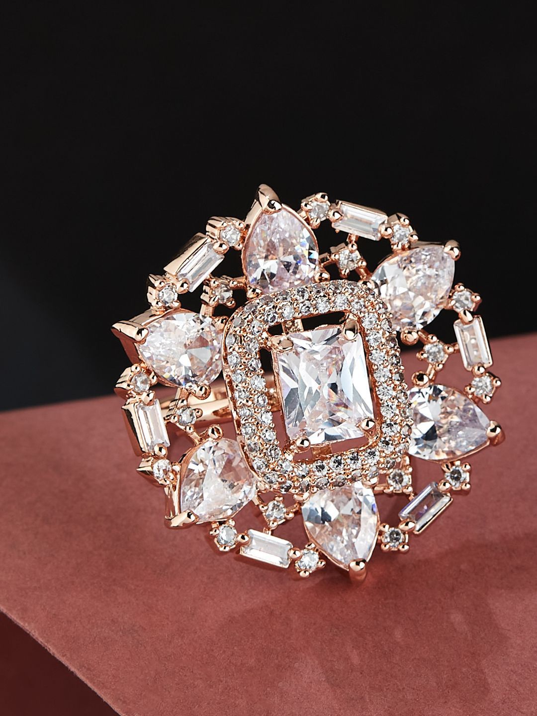 ATIBELLE Rose Gold Plated CZ Stone Studded Finger Ring