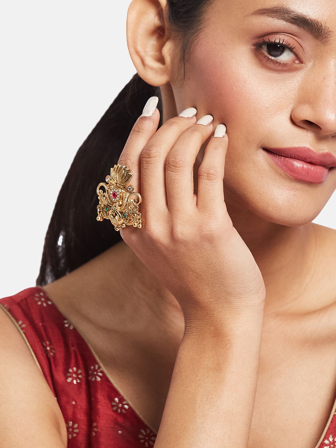 ATIBELLE Gold Plated Kundan Stone Studded Finger Ring