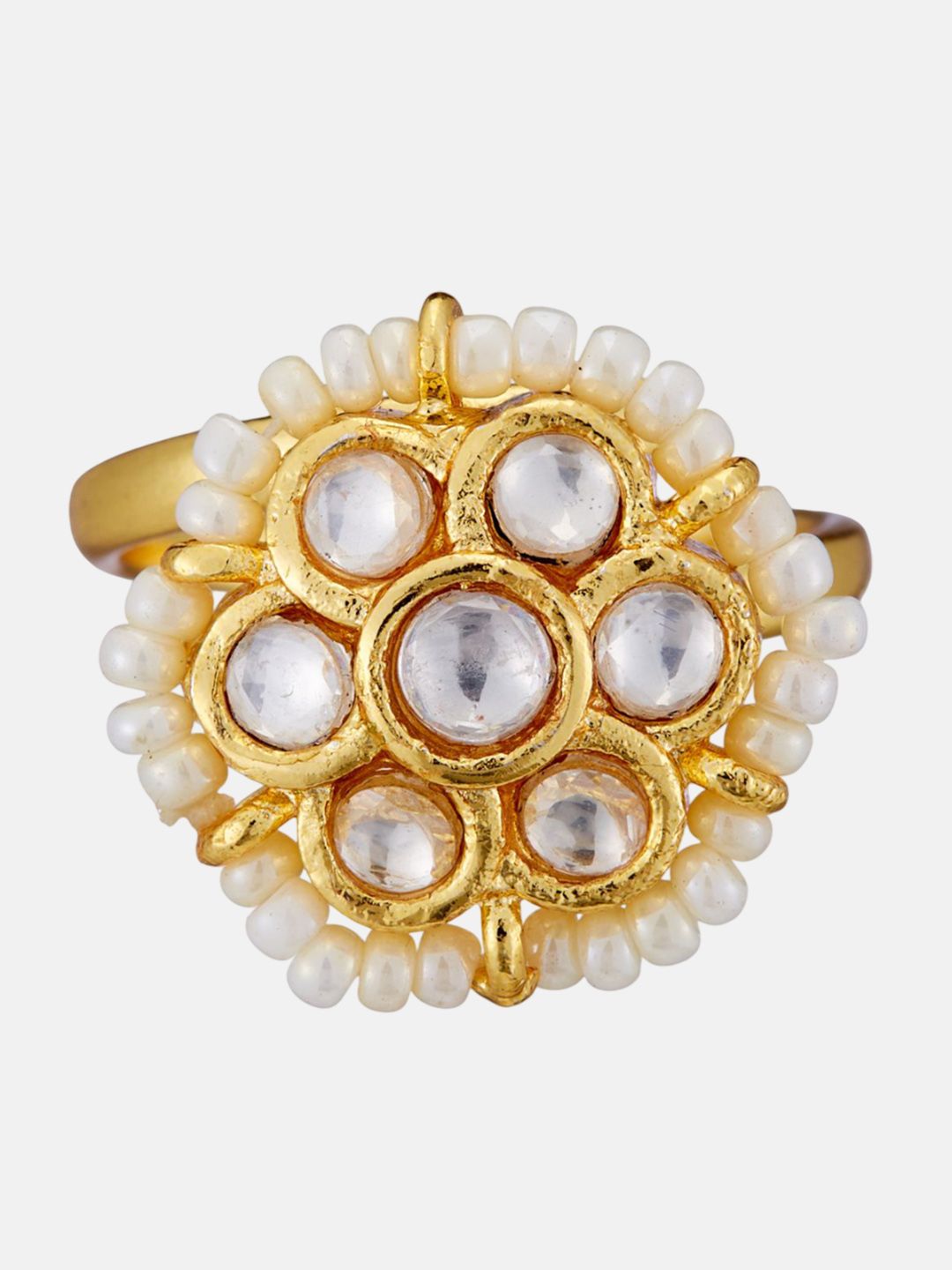 ATIBELLE Gold Plated Kundan Stone Studded & Beaded Finger Ring