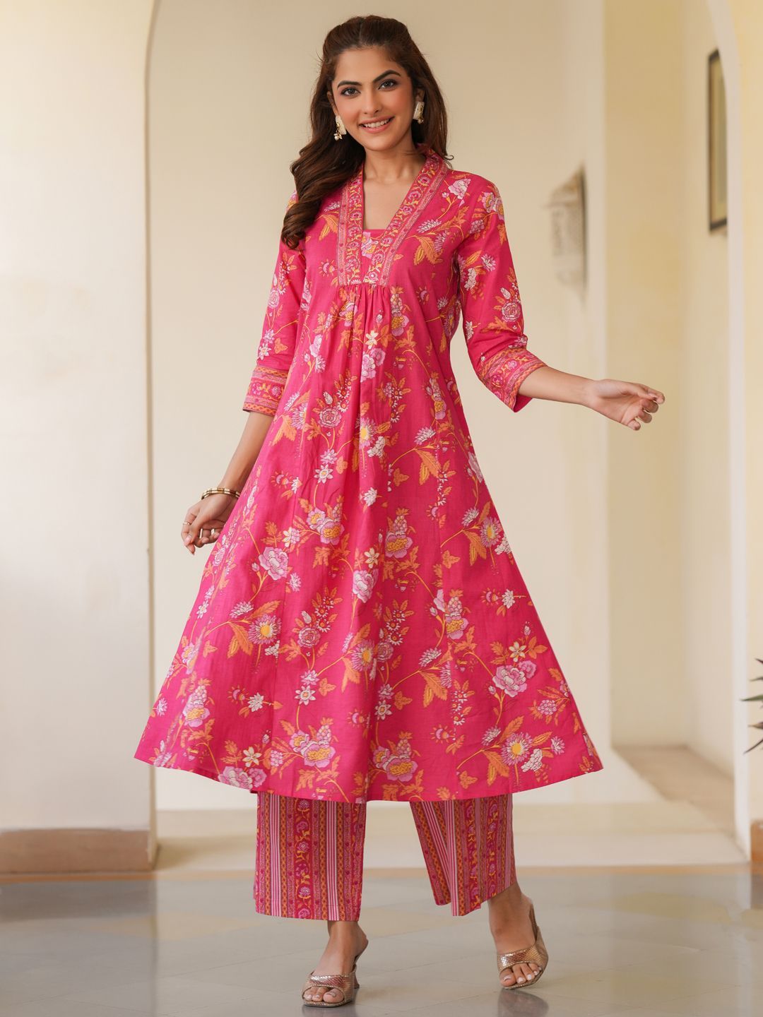 Janasya Women Pink Pure Cotton Floral Printed A-line Kurta Pant Set